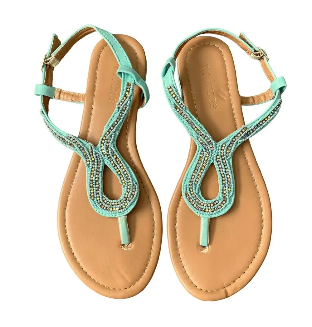 Maurices Sandals Womens Size 7 Sea Green Beaded Thong Ankle Strap Flats Shoes